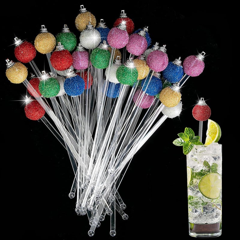 Iceyyyy 36 Pcs Christmas Glitter Ball Drink Stirrers-Reusable Round Top Christmas Stir Sticks-Colorful Swizzle Sticks for Home Holiday Cocktails Party Coffee Bar Juices Shop - Image 1